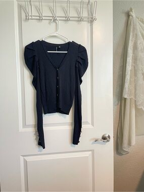 Navy Ribbed Button-Front Top with Puff Shoulders | Blue